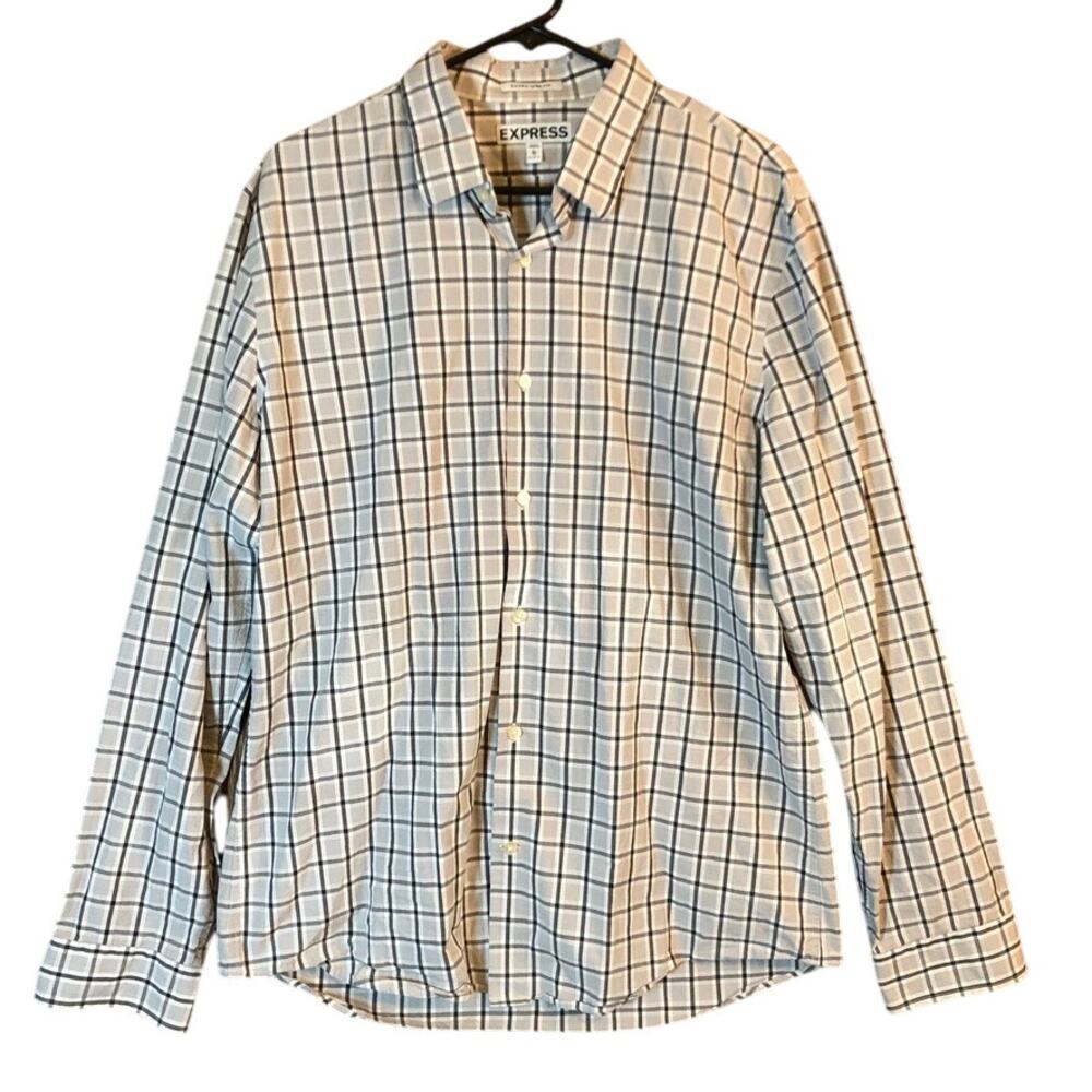 Express Mens Shirt Gray White Plaid Button Down 100% Cotton Extra Slim Fit XL